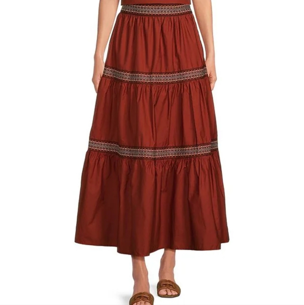A Loves A Woven Embroidered Trim Tiered A-Line Coordinating Maxi Skirt